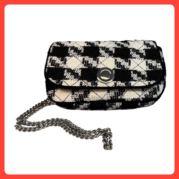 Zara Woman Tweed Quilted Shoulder Bag Purse Chain Strap Black White - Picture 1 of 8